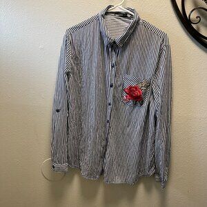 Cure Striped Button-Up Shirt Embroidered Rose Pocket Long Sleeves 2XL Blue White